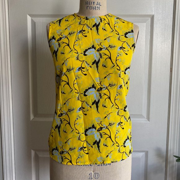 NWOT Diane Von Furstenberg Silk Yellow Floral Blouse Top Petite Small Women's - Picture 1 of 9
